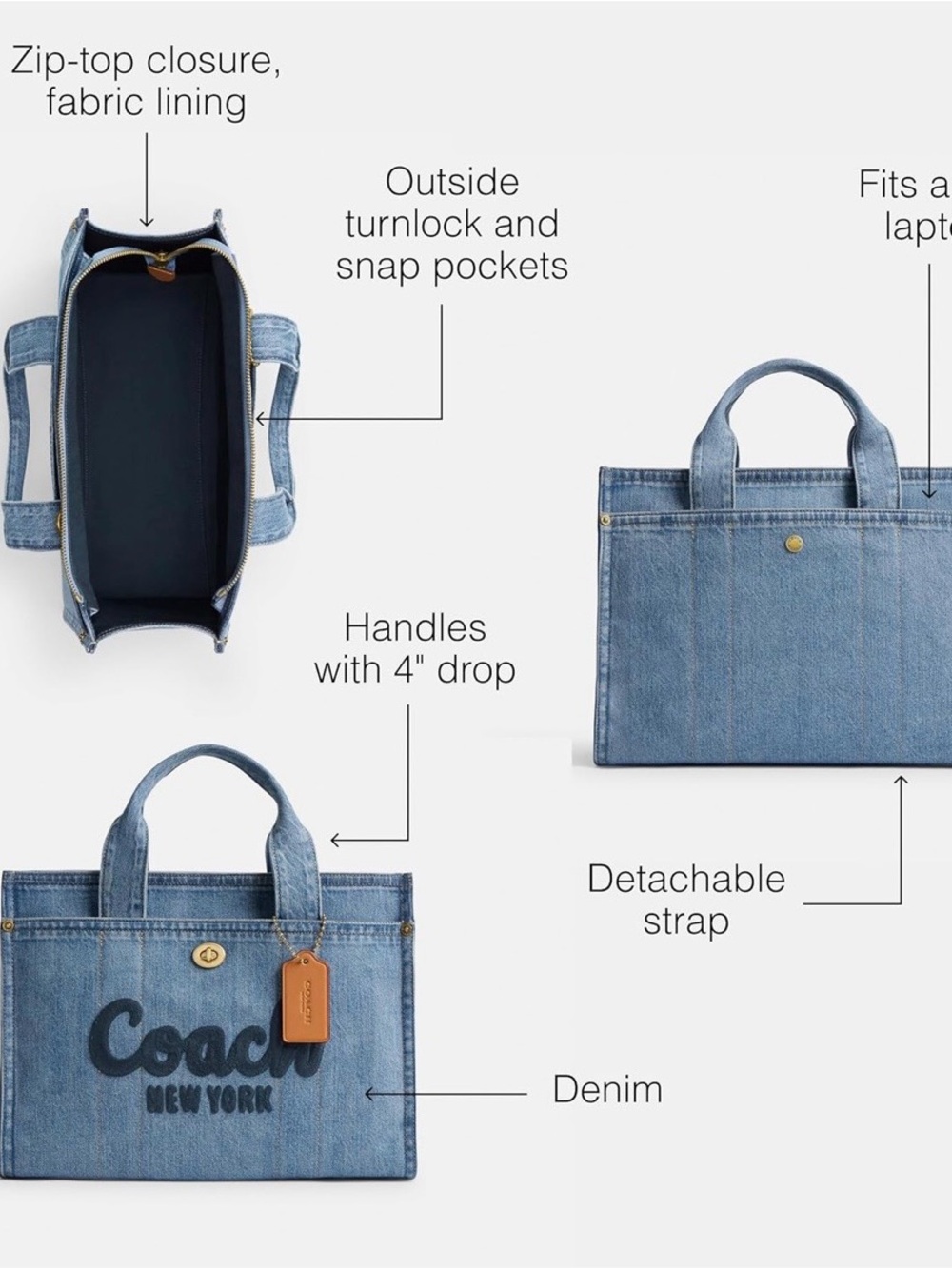 Coach Denim Tote in Blue with Brown Leather Tag - Picture 3 of 7
